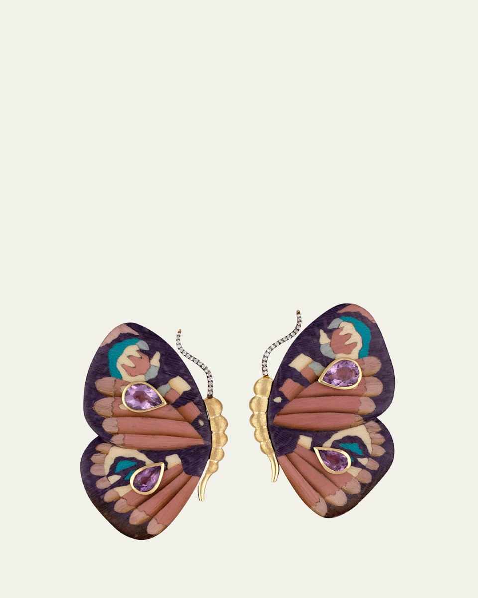 18K Yellow Gold Butterfly Wing Earrings with Purple Pattern, Diamonds and Rose De France Amethyst